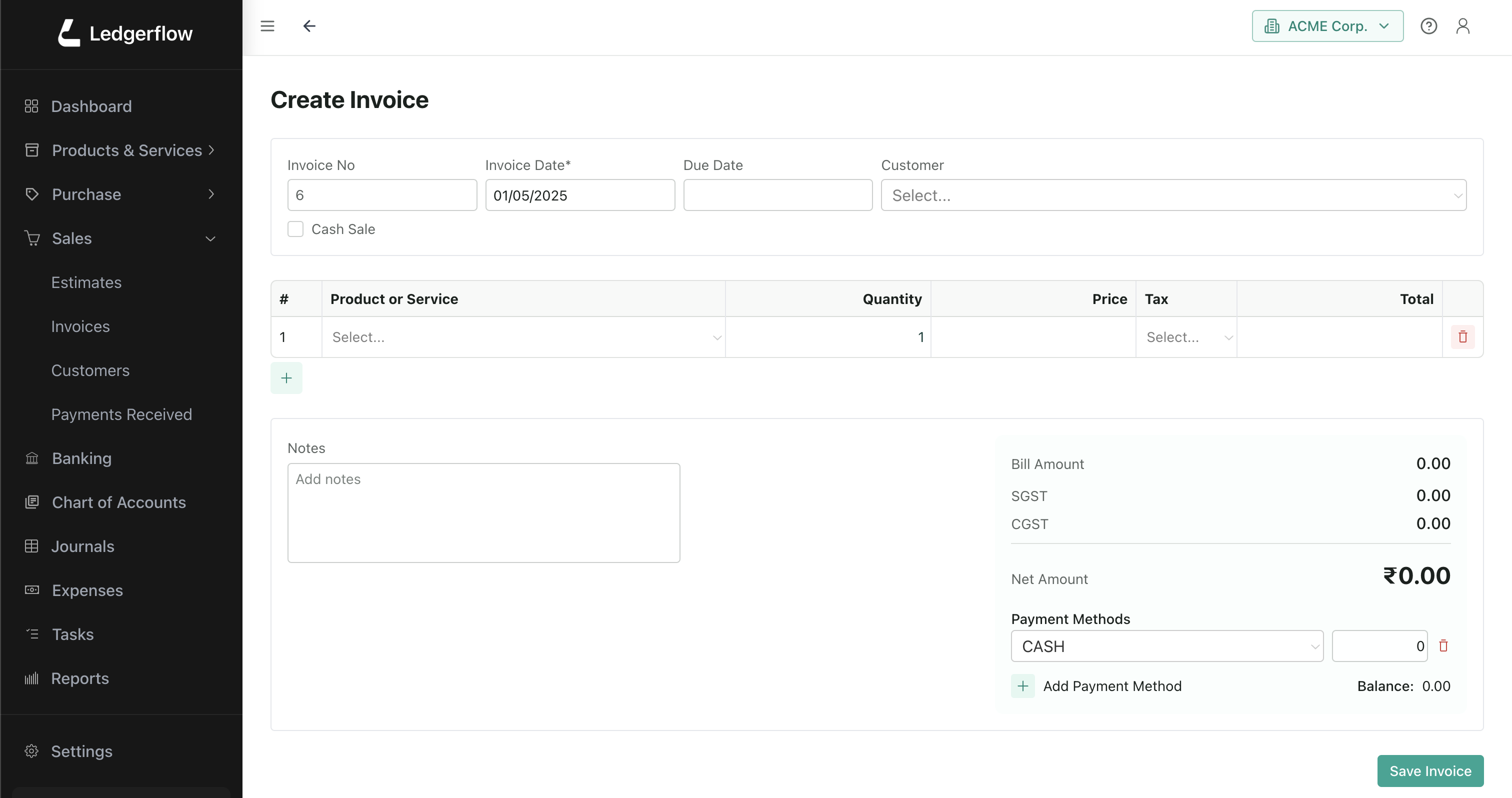 Invoice creation screen